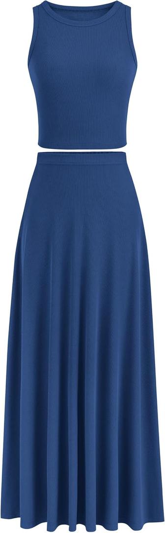 PRETTYGARDEN Women's 2 Piece Maxi Skirt Sets Casual Summer Knit Cropped Tank Top High Waisted Long Skirts Outfit (Dark Blue, X-Small)