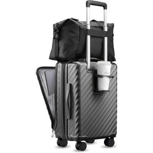 Carry On Luggage with Front Compartment and Cup Holder, KVF Expandable PC Hard Shell Suitcase with Front Pocket (FX-Plus, Gunmetal, 2-Piece (20/Tote)), 2-Piece Set