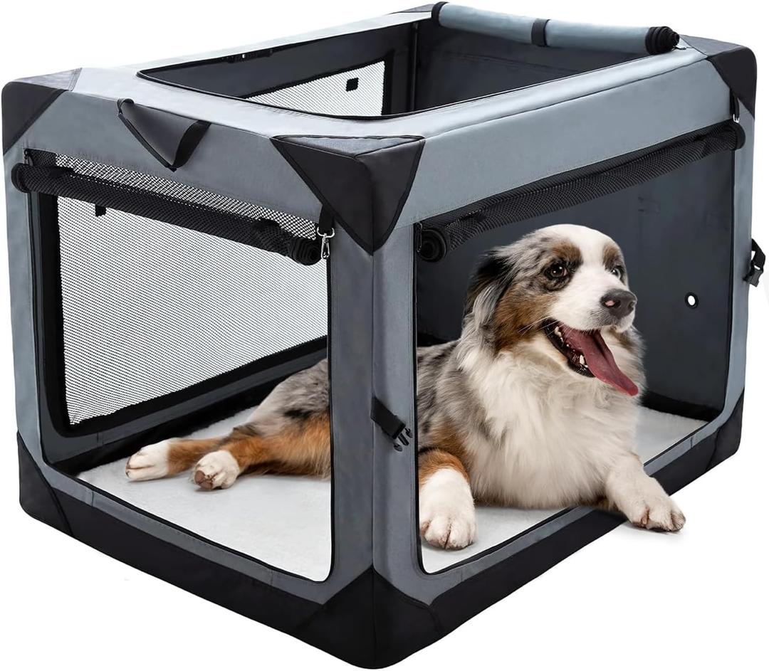 Pettycare 36 Inch Collapsible Crate for Large Dogs, 4-Door Foldable Soft Kennel with Chew Proof Mesh Windows for Indoor & Outdoor Travel (Grey)
