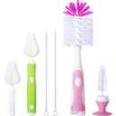 Baby Bottle Brush with One Base Hidden Nylon Nipple Cleaner, 2 Pcs Sponge Nipple Brushes, 2 Pcs Straw Brushes, Bottle Brush with Nipple Cleaner and Suction Cup (Pink)