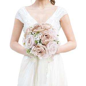 Wedding Bouquet for Bride - Premade Simple Artificial Roses Flowers for Bridal Shower Destination Ceremony Anniversary Decorations - Nude (Boho)