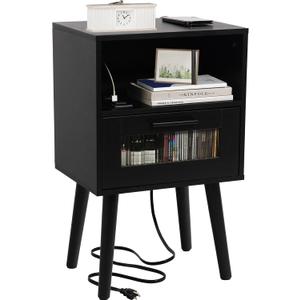 Modern Nightstand with Charging StationWooden Side Tables with Storage Drawers are Suitable for Many Occasionsfor Example, bedrooms, etc (Black-1PCS)