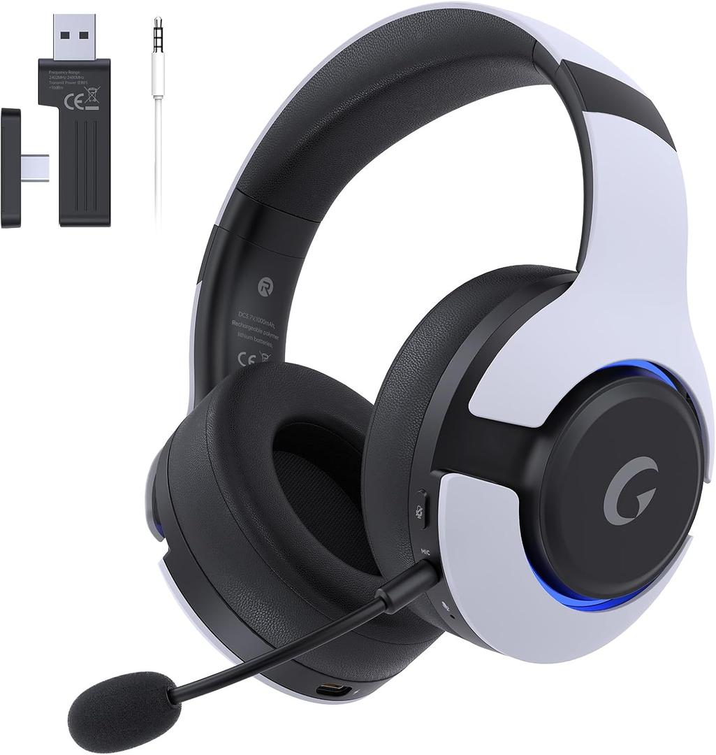 syndesmos Wireless PS5 Headset, 2.4GHz Gaming Headset for PS5, PC, Switch, Bluetooth 5.3 Headphones with Noise Canceling Mic, 7.1 Surround Sound, Low-Latency, 45H Battery, White