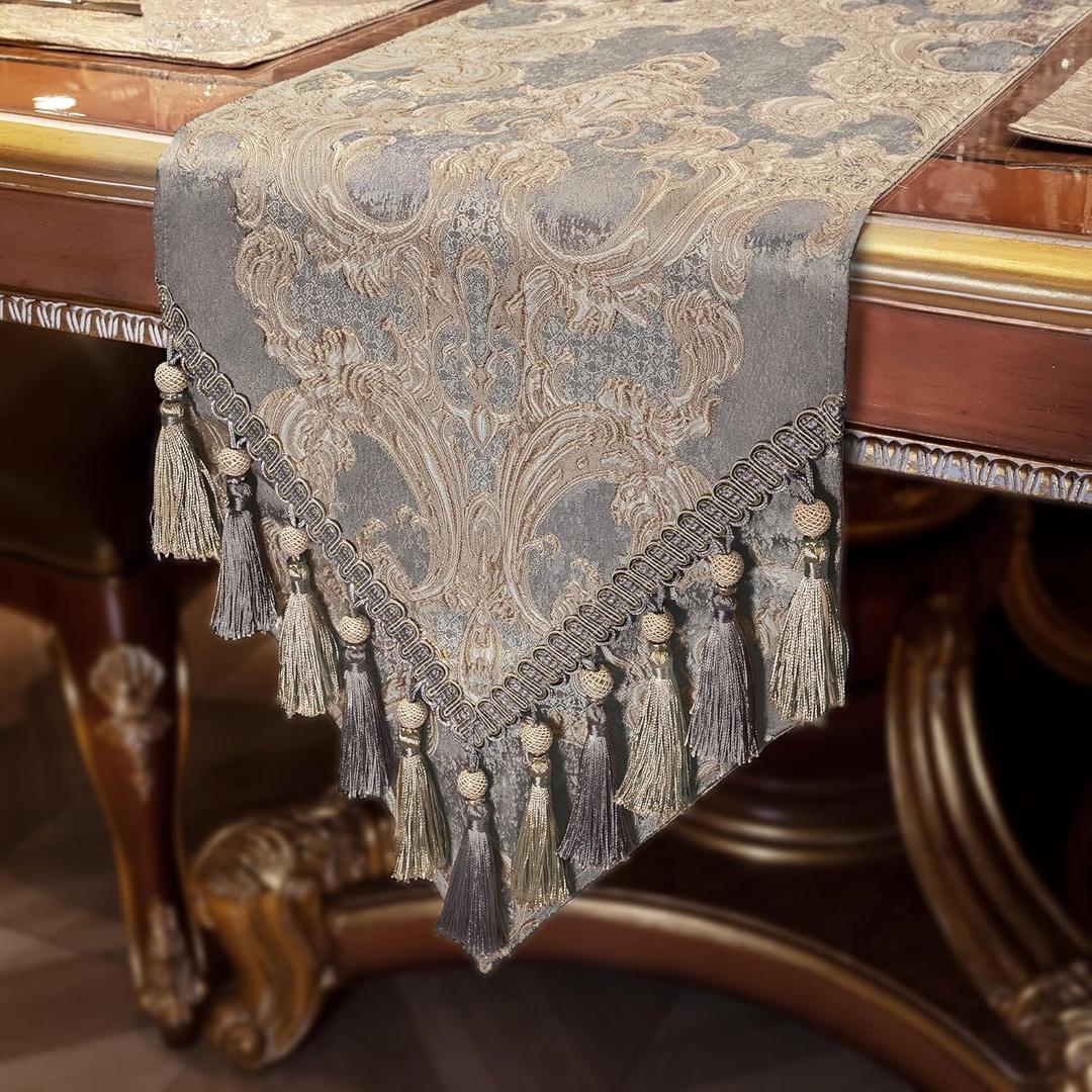Loom and Mill Luxury Table Runner 90 Inches Long, Elegant Jacquard Dining Table Runners with Handmade Multi-Tassels for Dining Room Dresser Party Holiday Banquet Decoration(Gray, 13*90 inch)