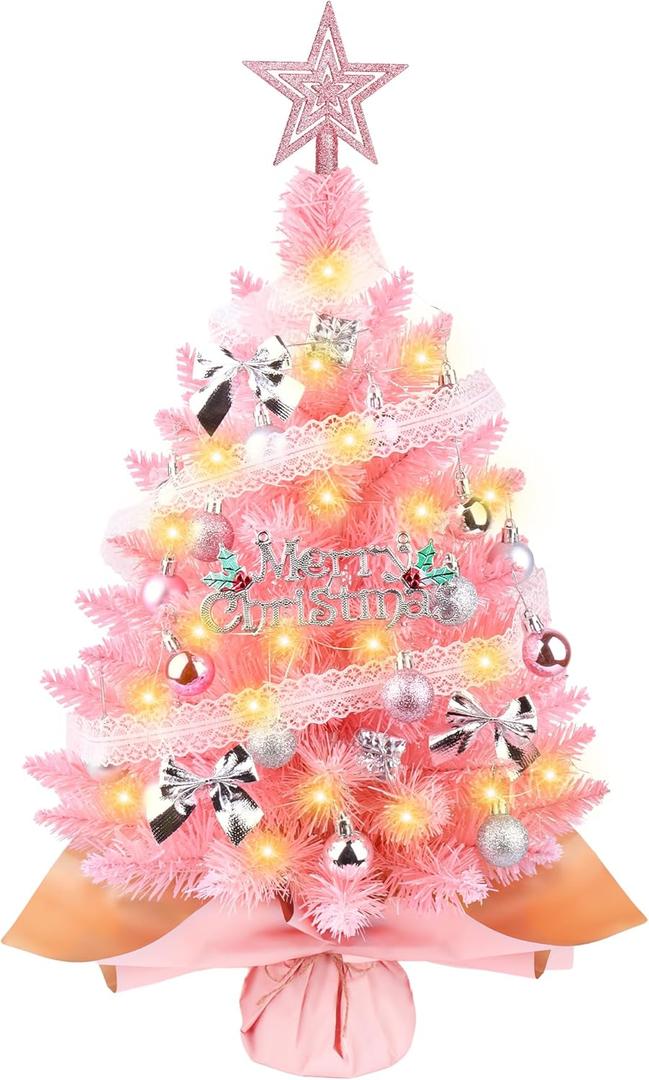 Small Pink Christmas Tree with Lights, 2ft Artificial Mini Tabletop Christmas Tree Decorations with Star Tree Topper, Balls Ornaments, Gift Pack, 30 Pcs Mini DIY Xmas Trees for Toddler, Kids