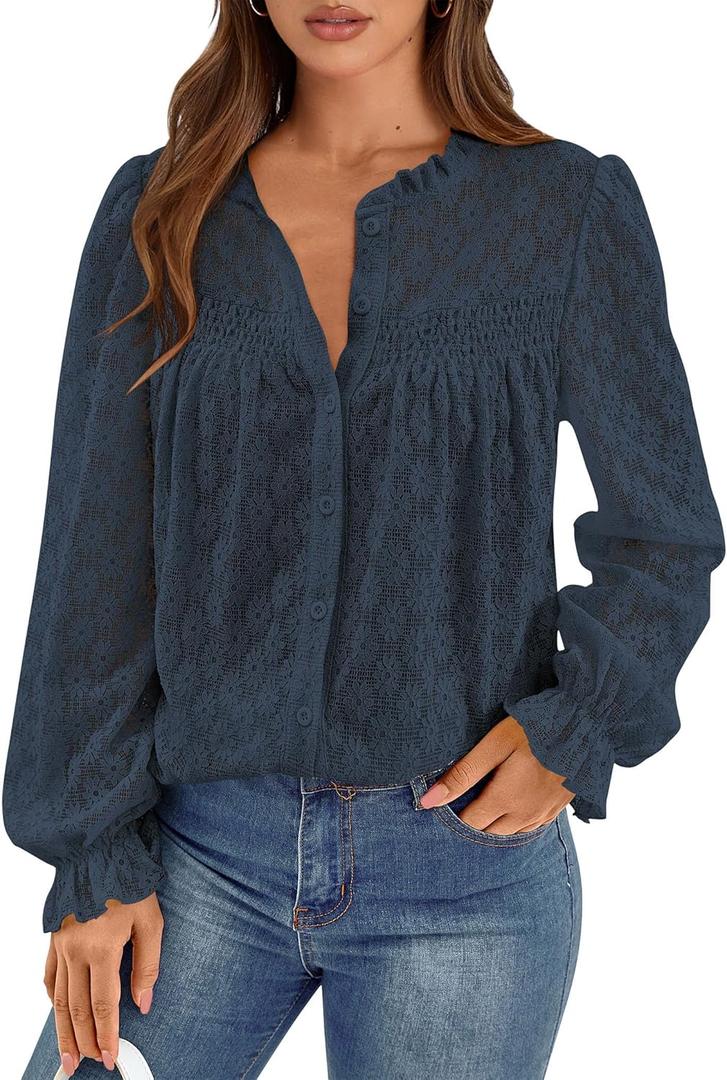 PRETTYGARDEN Women's Lace Long Sleeve Button Down Blouse (S)