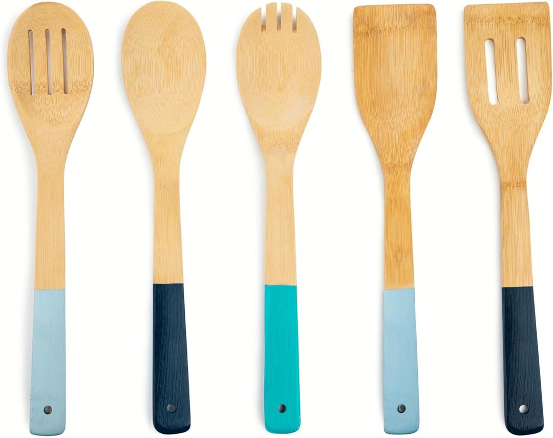 5 Piece Bamboo Kitchen Utensil Set - Includes Spoon, Slotted Spoon, Spork, Spatula and Solid Turner - Iceberg, Key West, Midnight Blue