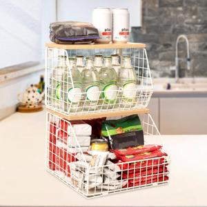White Fruit Bowl, 2-Tier Fruit Basket for Kitchen Counter, Stackable Wall Mounted Veggie Storage, Snack Organizer, Potato and Onion Storage Basket, Hanging Pantry Organizer with Wood Lid, 2 Set (11.8" x 12" x 8.5", Rustic Brown)