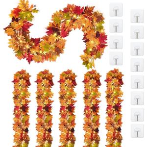 Waipfaru 6Pcs Fall Garland with Lights, 34Ft Fall Leaves Garland for Mantle, Artificial Maple Leaf Garlands for Centerpiece Front Door Window Fireplace Home Indoor Thanksgiving Decorations