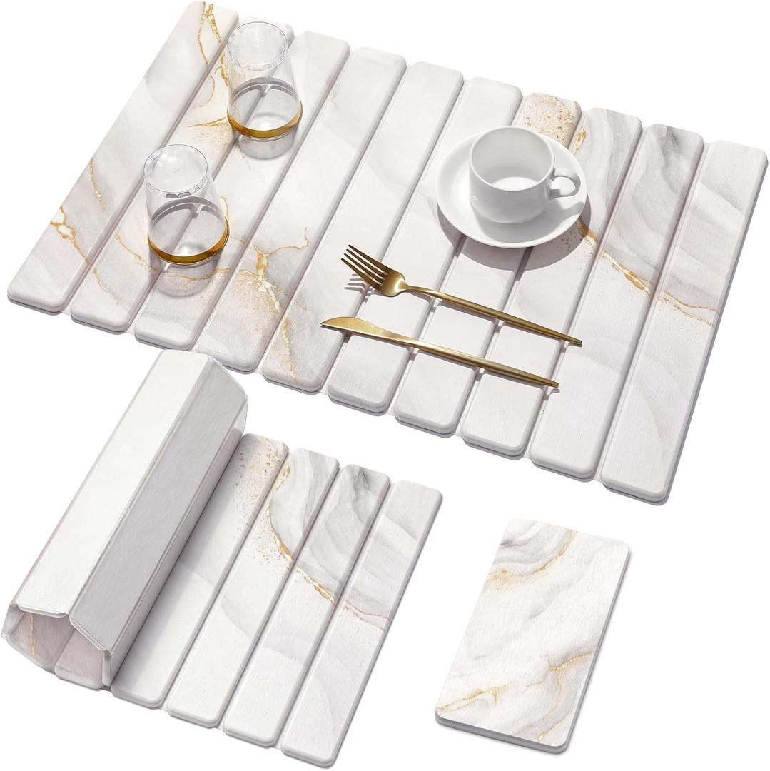 Large Stone Dish Drying Mat for Kitchen Counter, Quick Dry Stone Dishes Mats, Marbled Water Absorbing Diatomaceous Earth Drying Pad for Countertop Bottles Utensils Cups (Yellow White 24"x16"&8"x4")