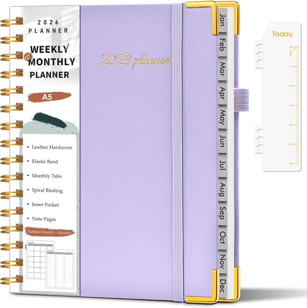 4 x 2026 Planner, Weekly and Monthly Calendar Planner from January 2026 - December 2026, 5.75" x 8.38" Hardcover Leather Hourly Appointment Book with Tabs, A5 Spiral Daily Planners for College School Work Home, Purple