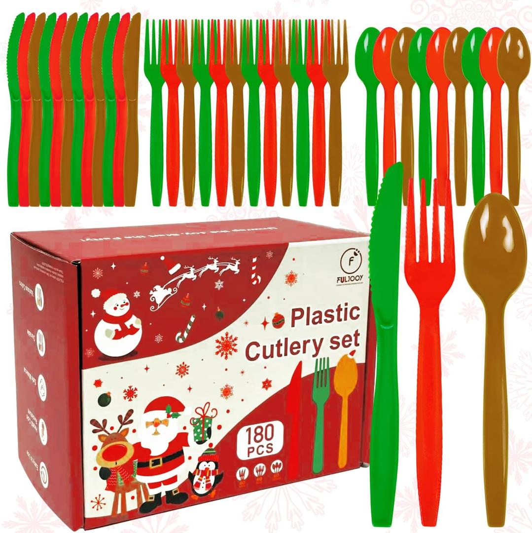 180 PCS Christmas Plastic Silverware Set Red/Green/Gold Disposable Utensils Heavy Duty Cutlery Disposable Utensils 60 of each Forks, Knives, Spoons for Party Decoration Supplies