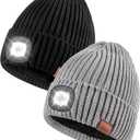 Beanie with Light for Men 2 Pack, Hat with Light Built in Rechargeable Winter Warm Knitted Headlamp Caps, Gift for Men Dads Husband Led Beanie Hats with Light (Black&Light Gray) (One Size)