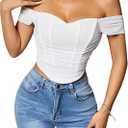 SHENHE Women's Off The Shoulder Corset Top Short Sleeve Zip Up Asymmetrical Mesh Bustier Crop Top White Large