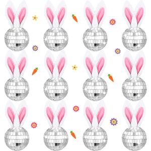 Ferraycle 12 Pcs Easter Bunny Ornaments 1.97 Silver Easter Bunny Tree Decoration Cute Rabbit Hanging Ornament Silver Disco Mirror Ball with Rabbit Ears for Home Office Spring Disco Party Decor Gifts