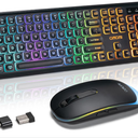 Wireless Keyboard and Mouse Combo, Rechargeable Rainbow LED Light Up Keyboard and Mouse 2.4GHz Quiet Mouse and Keyboard for Mac, Windows, Laptop, PC Xbox PS4 PS5 (Office/Gaming) (Wireless)