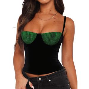 Women Sexy Sequin Bra Tank Top Dressy Metallic Sparkly Holiday Festival Shirt (Black, S)
