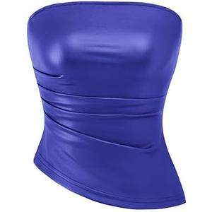 PRETTYGARDEN Women's Faux Leather Tube Tops 2025 Summer Strapless Asymmetrical Ruched Bandeau Shirts Going Out Club Outfits (XL)