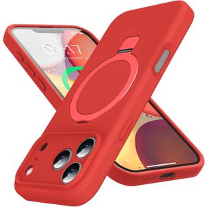 Designed for iPhone 17 Pro Max Case with Magnetic Invisible Stand, [Compatible with Mag-Safe][Full Camera Protection] Liquid Silicone Shockproof Case with Anti-Scratch Microfiber Lining, Red