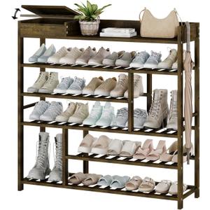 Bamworld Shoe Rack for Front Door Entrance Bamboo Shoe Organizer with Storage Box Free Standing Shoe Cabinet Wooden Shoe Storage Shelf for entryway, Closet and Doorway (Dark Brown)