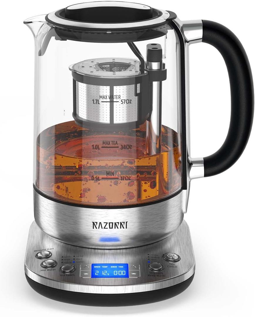 Razorri Electric Tea Maker 1.7L with 6Oz Automatic Infuser for Tea Brewing, Stainless Steel Glass Kettle, Presets for 5 Types and 3 Brew Strengths, 24 Hour Delayed Start, Keep Warm Setting