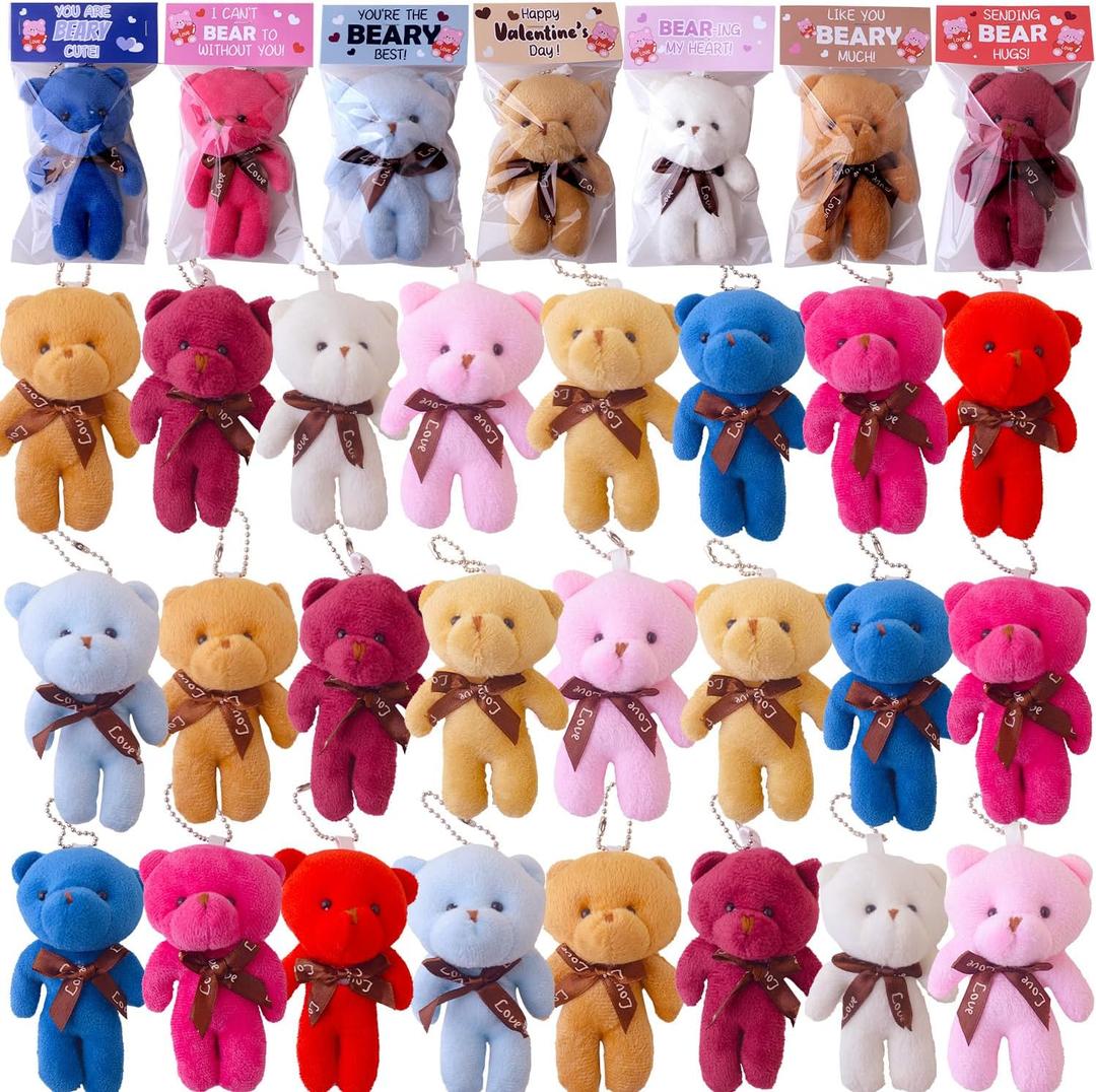 28 Pack Valentines Day Cards for Kids School with Plush Bears Toys Stuffed Animals, Valentines Day Gifts For Kids Classroom Exchange With 7 Designs Valentines Cards Party Favors
