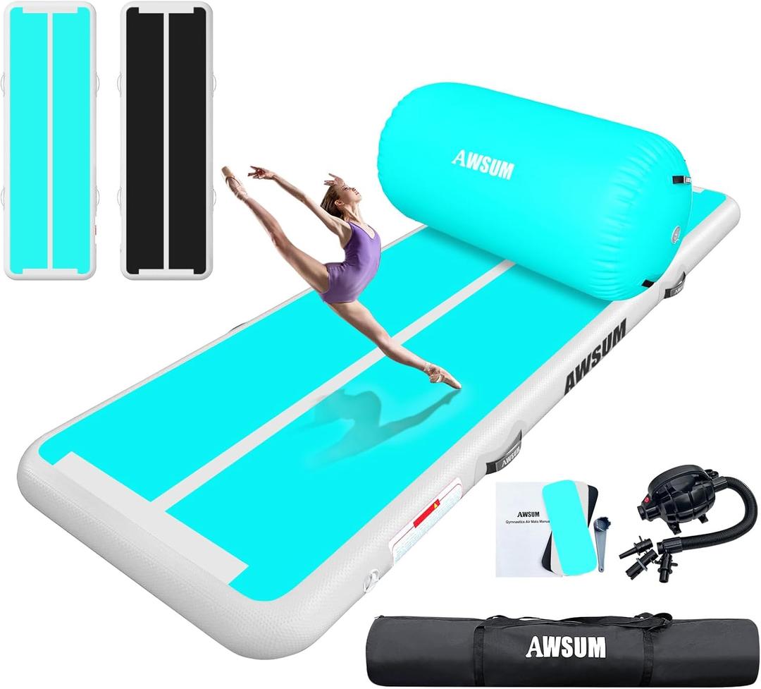 AWSUM 10ft /13ft Gymnastics Mat with Air Roller Tumbling Barrel Back Somersault Backbend Trainer for Inflatable Gymnastics Springboard Back Handspring Equipment, with Electric Pump (Mint Green/White+Green/Black Roller)