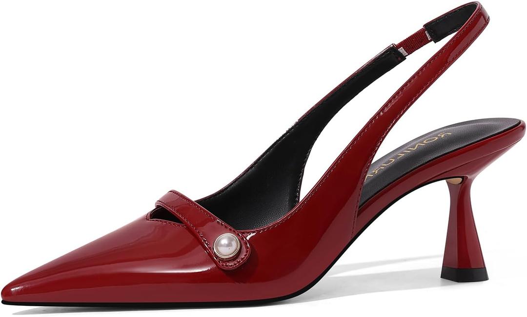 Women Kitten Heels Slingback Low Heel Pumps Dress Shoes for Women Closed Pointed Toe Pearl Heels for Work Wedding Bridal (11, Burgundy)