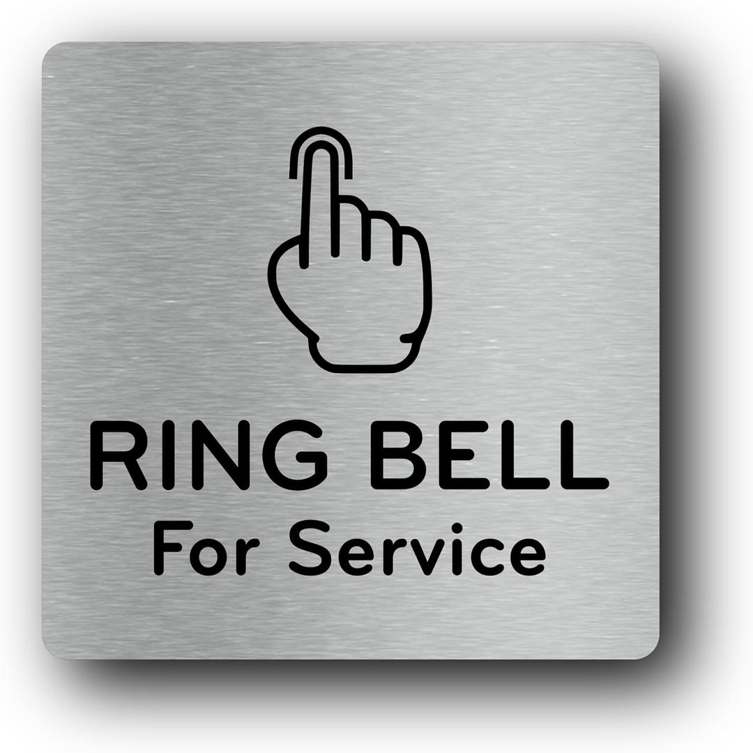 NorthByNorthEast Aluminium Service Bell Sign - Metallic Silver with Hand Icon - Self-Adhesive Peel and Stick - 145mm x 145mm - Ideal for Hotels, Restaurants, Hospitality Industry
