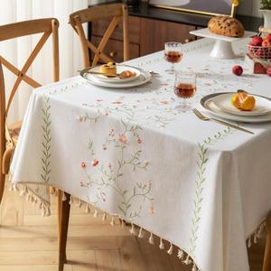 TEWENE Water Resistant Table Cloth for Rectangle Table, Cotton Linen Wrinkle Free Tablecloth with Boho Embroidery Tassel, Farmhouse for Dining & Kitchen, (55''x102''/8-10 Seats/Green Rose)