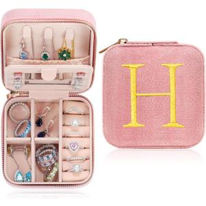 Parima Plush Velvet Jewelry Box Jewelry Case Organizer - Small Jewelry Case Travel Jewelry Holder Travel Essentials Personalized Birthday Gifts for Teenage Teen Girl Women Her Friend - Letter H, Pink