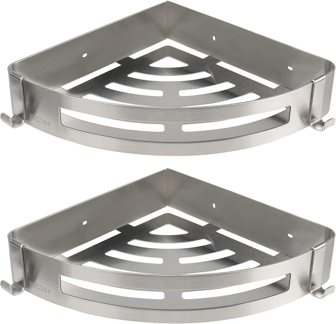 NearMoon Bathroom Shower Caddy 2 Pack, No Drill 304 Stainless Steel Shower Organizer with 2 Hooks (Corner Shelf, Brushed Nickel)
