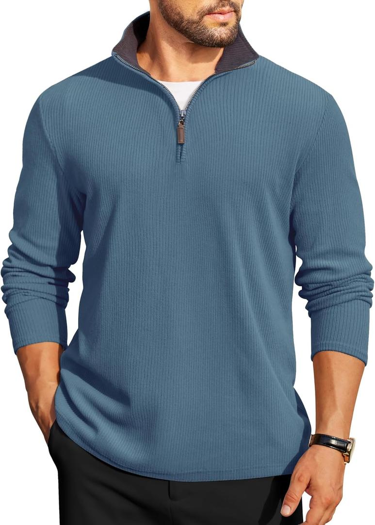 COOFANDY Mens Quarter Zip Pullover Lightweight Sweater Casual Long Sleeve Corduroy Half Zip Sweatshirt (Large, Dark Blue)