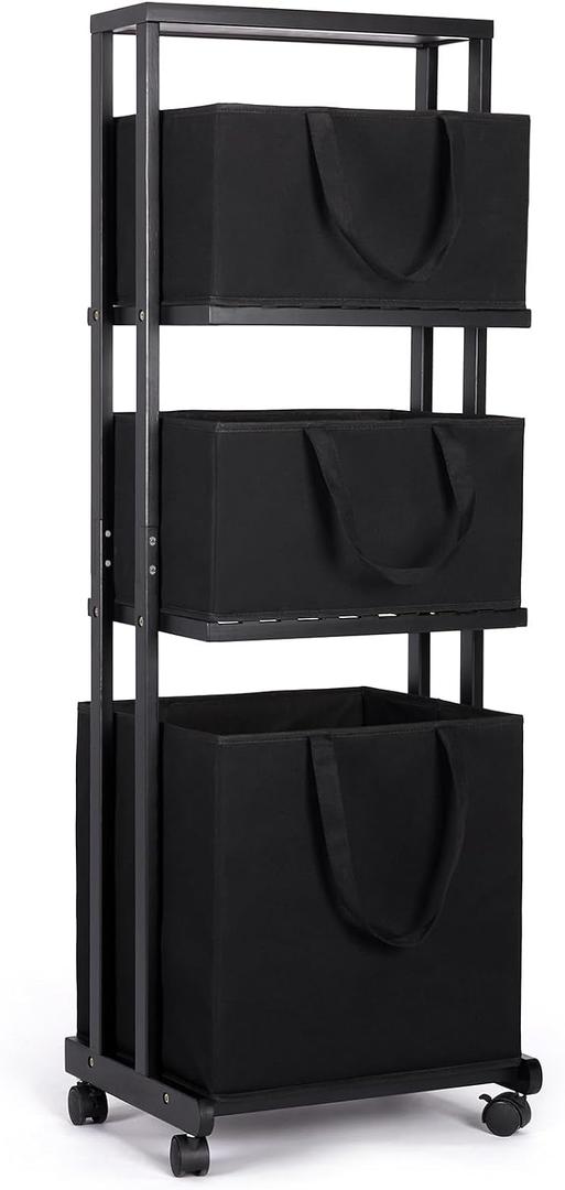Homde Laundry Basket 3 Tier Bamboo Storage Shelf with Wheels Removable Storage Basket with Handle Freestanding Clothes Hamper Organizer for Bathroom Living Room Bedroom (Black), 16.54" x 13.4" x 47.64"