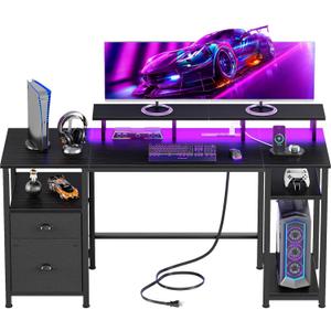 Furologee 61" Gaming Desk with Power Outlets & LED Lights, Reversible Computer Desk with File Cabinet & Monitor Stand for Home Office, Large Work Table with Storage Shelves & Drawer, Black
