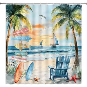 Tropical Ocean Beach Shower Curtain Sea Sunset Palm Tree Starfish Surfboard Coastal Nautical Sailboat Seagull Watercolor Seaside Scenery Bathroom Decor Polyester Curtains with Hooks,70Wx70L