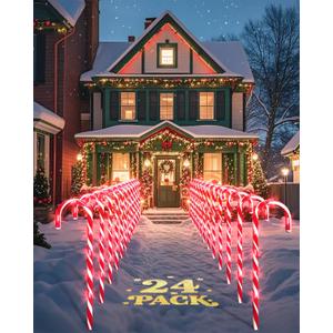 COOLWUFAN 24 Pack 22'' Christmas Candy Cane Pathway Markers, Christmas Outdoor Decorations Pathway Lights with 144 Warm Lights for Christmas Holiday Party Walkway Patio Garden Yard Lawn Decor