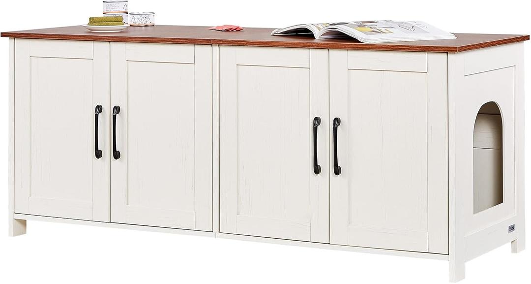 VEVOR Cat Litter Box Enclosure for Multi Cats, 47.2 in Hidden Litter Box Cabinet with 4 Doors & 2 Entries, Indoor Cat Washroom, Wooden Kitty House Furniture, Fit Most Litterboxes, Brown & White