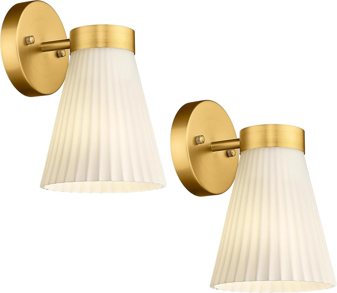 Gold Wall Sconces Set of Two, HWH Modern Bathroom Vanity Sconce Wall Lighting Indoor Wall Lamp with Frosted White Striped Glass, 5HZG97B-2PK BG