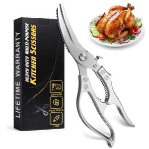 Stainless Steel Poultry Shears Heavy Duty Kitchen Shears for Food with Hardened Blades, One-Hand Safety Lock, Spring Mechanism, Dishwasher Safe Chicken, Meat Cutting, Turkey, Fish, and Vegetables