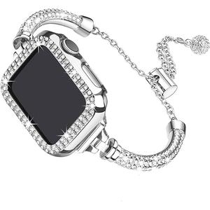 Secbolt Bling Band and Case Compatible with Apple Watch Bands 40mm, Women Dressy Metal Bracelet with Rhinestone Bumper for iWatch SE Series 6/ 5/ 4, Silver