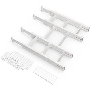 SpaceAid Bamboo Drawer Dividers with Inserts and Labels, Kitchen Adjustable Drawer Organizers, Expandable Organization for Home, Office, Dressers, 4 Dividers with 9 Inserts (17"-22" White)