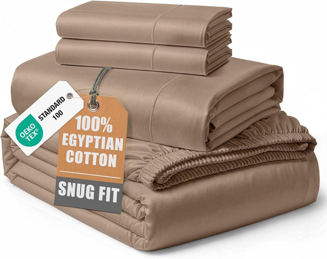 LANE LINEN 100% Egyptian Cotton King Sheet Set  Naturally Cooling & Breathable Sateen 4 Piece King Sheets, Authentic Long-Staple Cotton for Lasting Softness, Snug Fit 15" Deep Pocket Fitted - Taupe