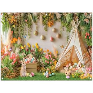 ZTHMOE Fabric 8x6ft Spring Easter Tent Photography Backdrop Bunny Eggs Green Grass Flowers Floral Background Kids Party Decoration Festival Photo Banner Booth