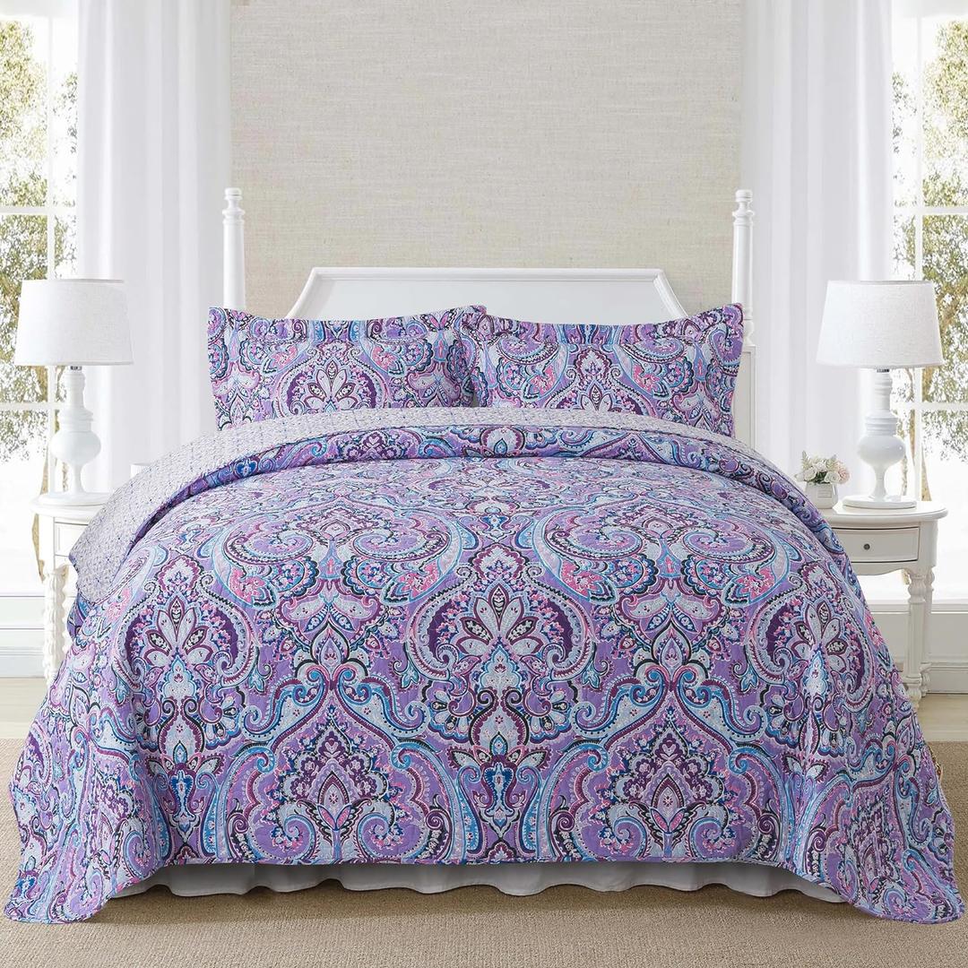 NEWLAKE Cotton Bedspread Quilt Sets-Reversible Patchwork Coverlet Set, European Purple Floral Pattern, California King Size