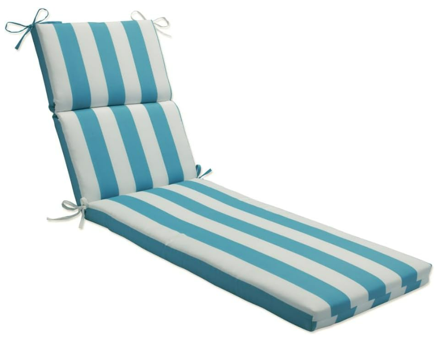 Pillow Perfect Stripe Indoor/Outdoor Split Back Chaise Lounge Cushion with Ties, Plush Fiber Fill, Weather, and Fade Resistant, 72.5" x 21", Blue/White Cabana Stripe, 1 Count