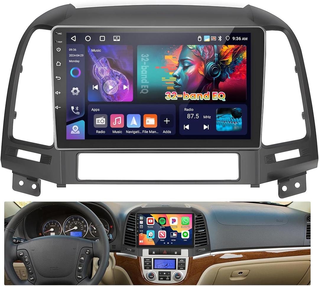 [4+64GB] Android 15 Car Radio for Hyundai Santafe 2006-2012 with Wireless Carplay Android Auto, 9 Inch HD Touchscreen Car Stereo with WiFi GPS Bluetooth5.0 FM/RDS EQ SWC Backup Camera MIC