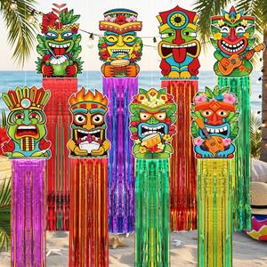 2 x 6 Pcs Hawaiian Luau Party Decoration 3.1 ft Tiki Totem Hanging Decorations with Tassels Tiki Door Banner Sign Garland Decor for Outdoor Summer Hawaii Luau Aloha Tropical Birthday Party Supplies