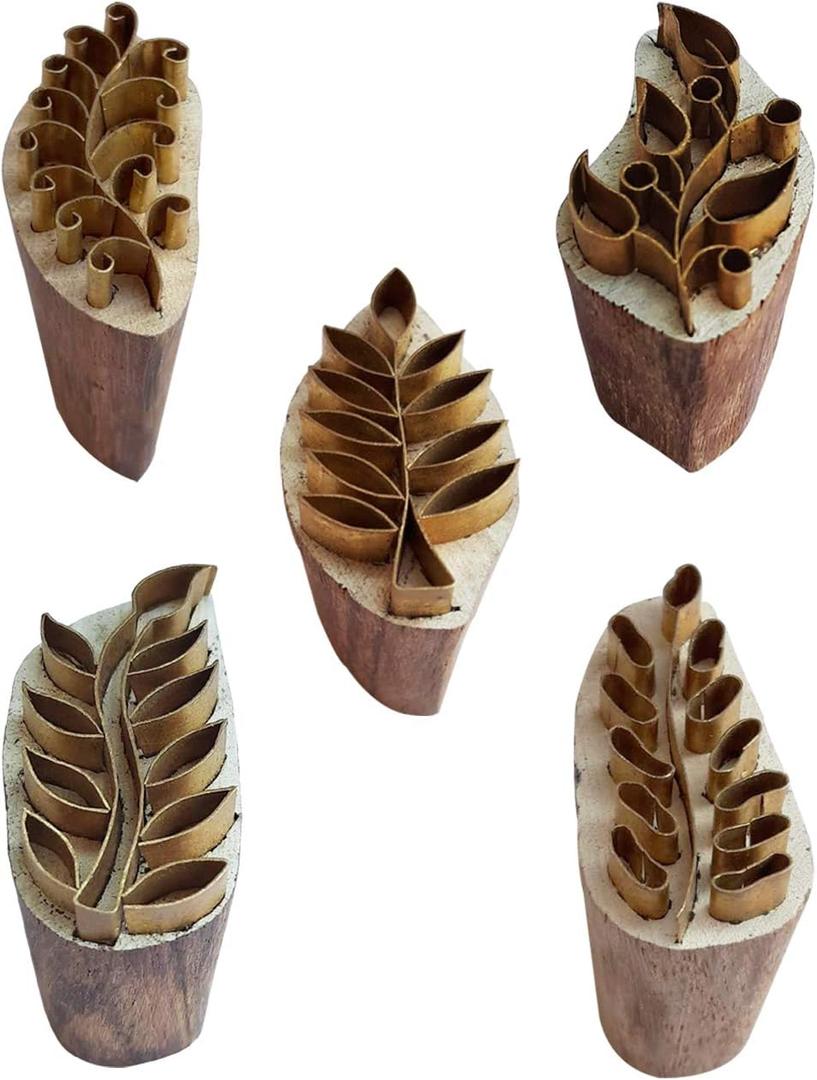 Royal Kraft Leaf Brass Wooden Stamps (Set of 5) for Block Printing on Clay, Pottery, Fabric BHtag0070