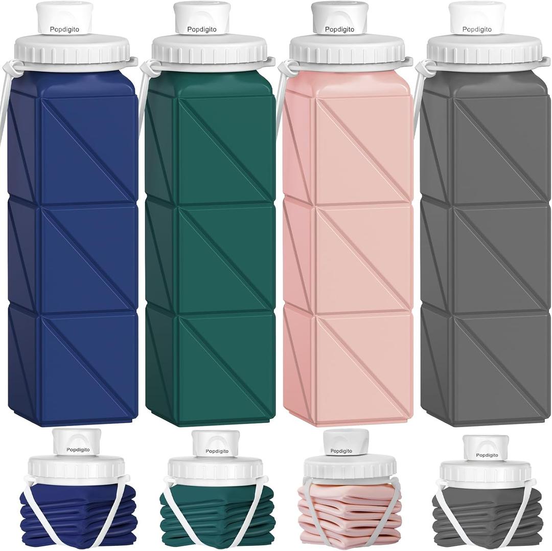Popdigito 4pack Collapsible Water Bottles, 20.6oz Foldable Water Bottle BPA Free Reusable Lightweight LeakProof Travel Silicone Water Bottles for Travel, Gym, Hiking, Office, Camping, Sports Portable (Light Pink+Dark Blue+Dark Grey+Dark Green)